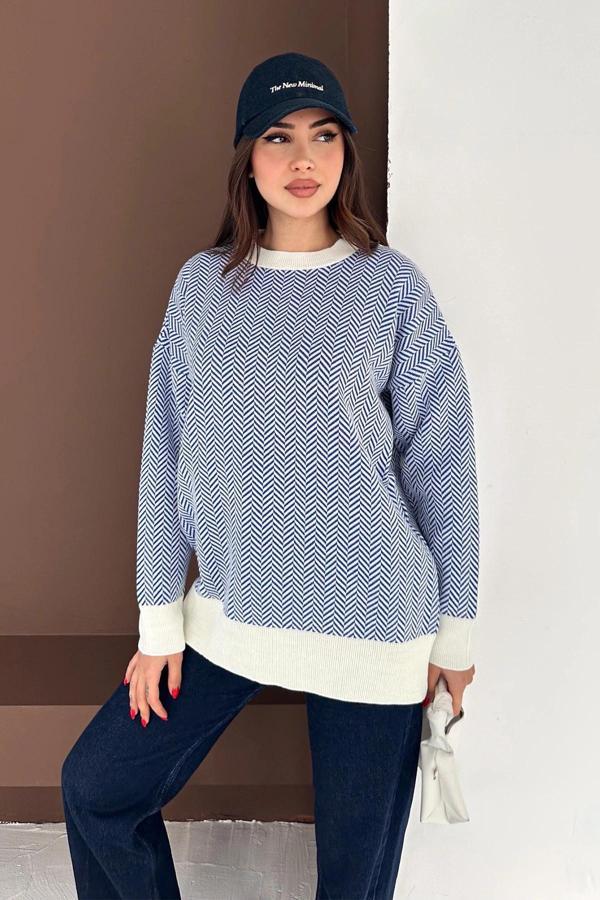 Zikzak Desenli Kazak Mavi-Beyaz - Image 1