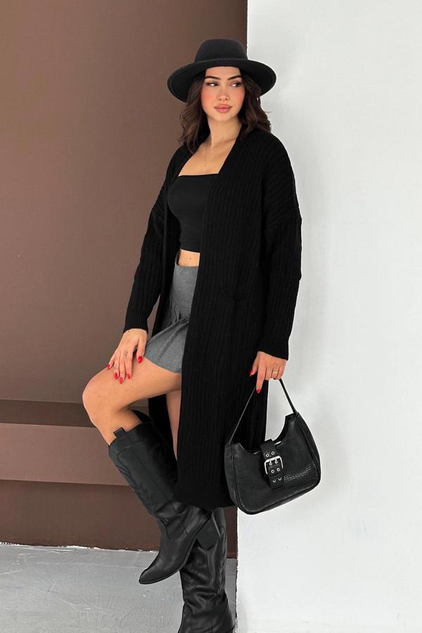 Selanik Örgü Cep Detaylı Uzun Triko Hırka Siyah - Image 1