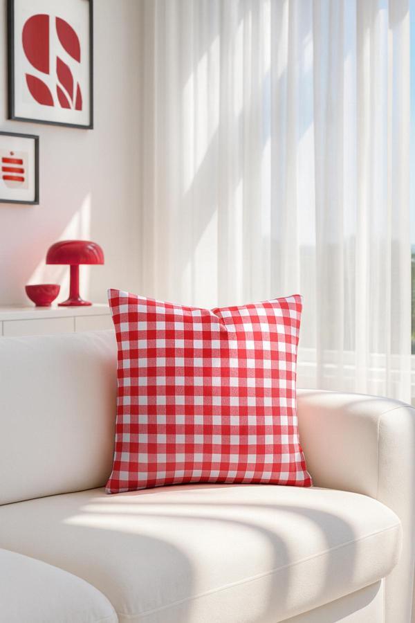 Duck Kareli Kırlent Kılıfı Kırmızı Beyaz V1 45x45 - Image 1