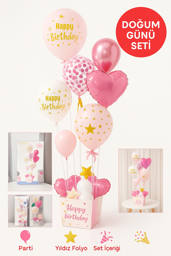 Pembe Doğum Günü Balon Kutusu – Happy Birthday Konsept Parti Süsleri Masa Üstü Stand - Image 1