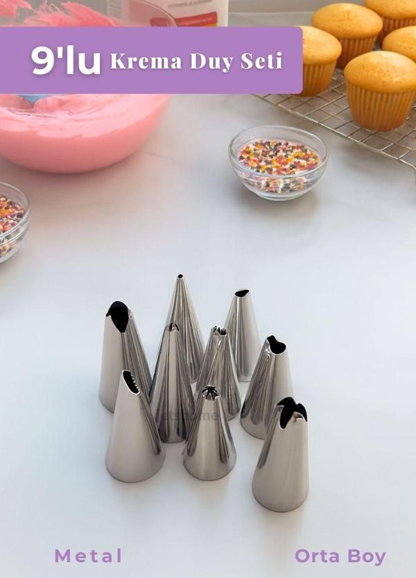 Orta Boy 9’lu Metal Krema Duy Seti – Pasta Duyu Cupcake ve Kurabiye Krema Duyu Süsleme - Image 1
