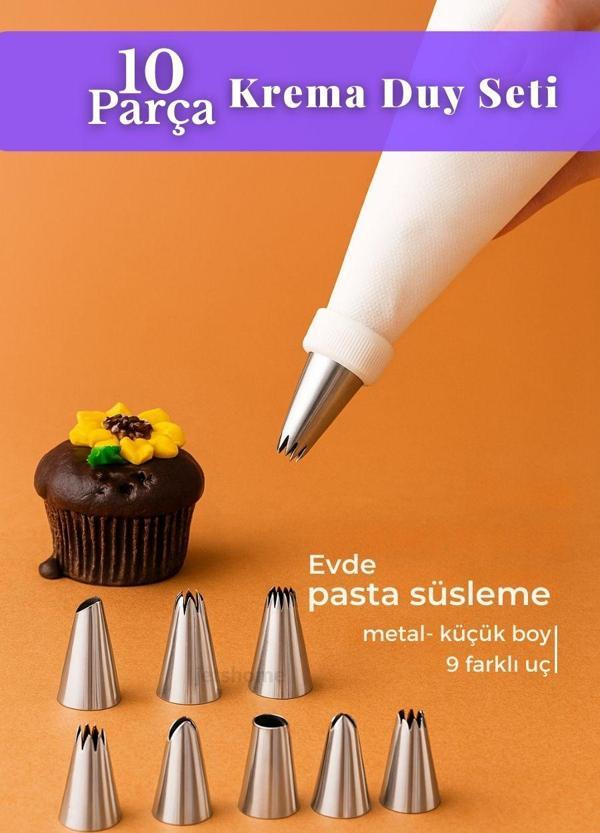 10 Parça Krema Sıkma Torbası Seti Metal Küçük Boy Krema Duyu Süsleme Aparatı Şanti Süsleme Ucu - Image 1