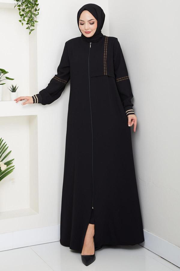 Nakışlı Ribanalı Ferace Siyah HM2857 - Image 1