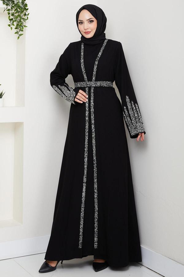 Taş Detaylı İçlikli Abaya Takım Siyah HM2858 - Image 1