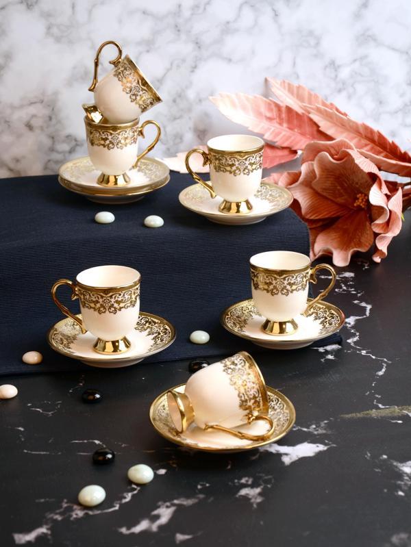 PAÇİ Kabartmalı Yaldızlı Ayaklı 6 Kişilik Türk Kahve Fincan Takımı – 90 ml - Image 1