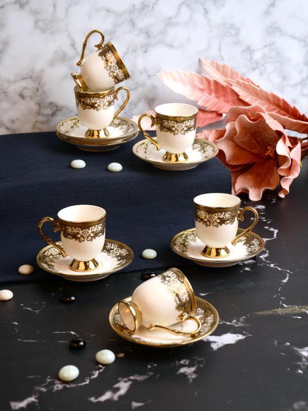 PAÇİ Kabartmalı Yaldızlı Ayaklı 6 Kişilik Türk Kahve Fincan Takımı – 90 ml - Image 1