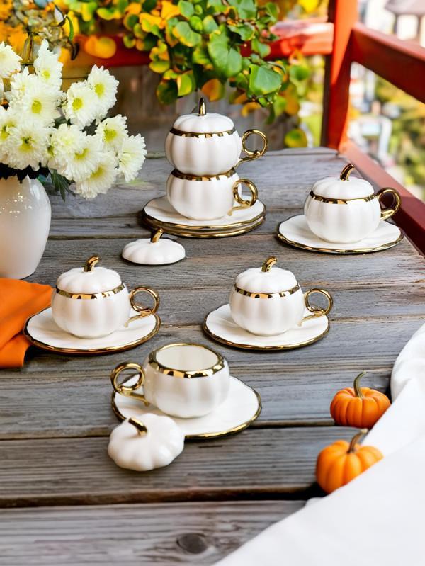 PAÇİ PUMPKIN Kabak Model Yaldızlı Beyaz 6’lı Türk Kahve Fincan Takımı – 100 ml - Image 1