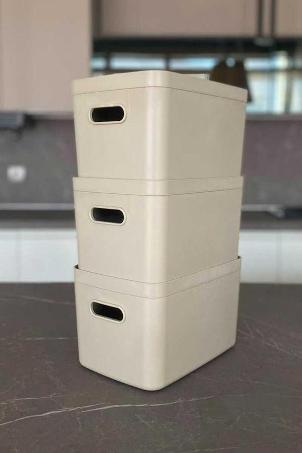 Primanova Linea 3'lü Dolap İçi Mutfak Çocuk Odası Raf Düzenleyici Saklama Kutusu - Kum Beji - Image 1