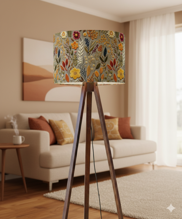 El Yapımı Sonbahar Çiçekleri Desenli Kumaş Tripod Lambader - Image 1
