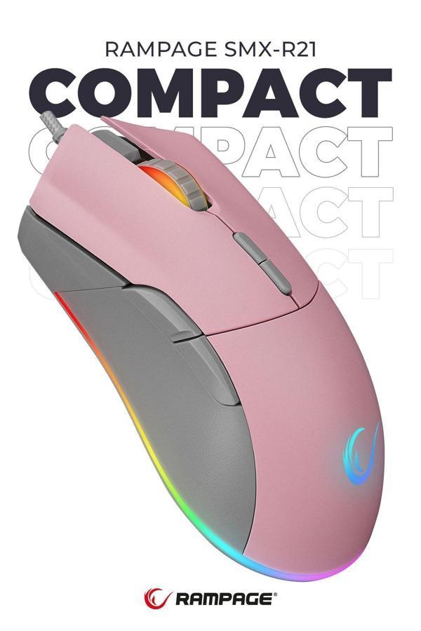 Rampage SMX-R21 Compact Usb Pembe Rgb Ledli Makrolu Drag Click Oyuncu Mouse Pembe - Image 1