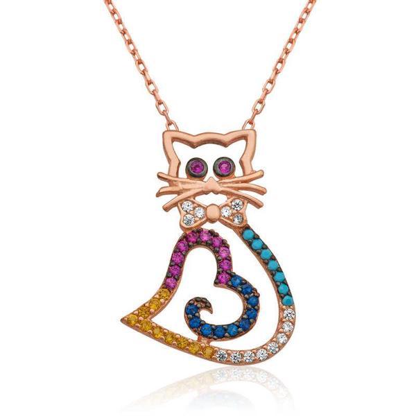 925 Ayar Gümüş Kalpli Kedi Kadın Gümüş Kolye - Image 1