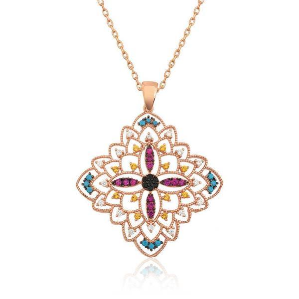 925 Ayar Gümüş Rose Etnik Desenli Madalyon Kolye - Image 1