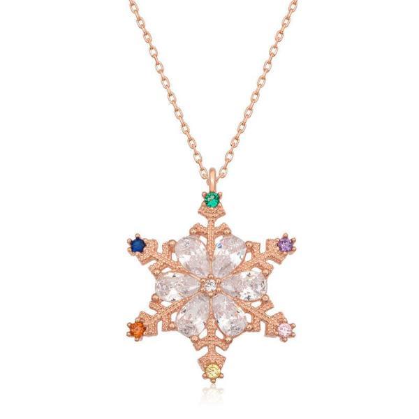 925 Ayar Gümüş Rose Renkli Taşlı Kar Tanesi Kadın Gümüş Kolye - Image 1