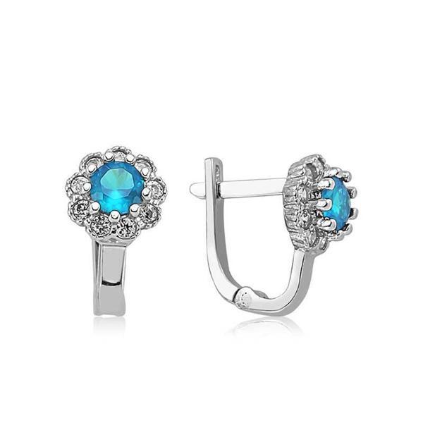 Gümüş Turkuaz Çiçek Desenli Yuvarlak J Kadın Küpe - Image 1