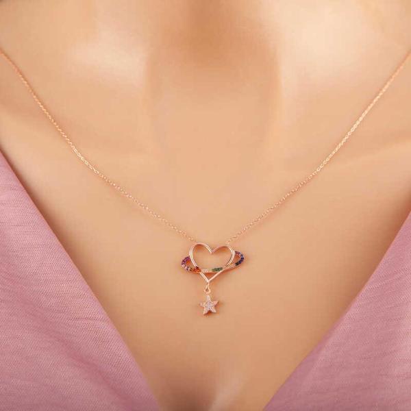 925 Ayar Gümüş Rose Kalp Yıldız Kadın Kolye - Image 1