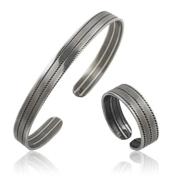 925 Ayar Gümüş Çizgi Desenli Bileklik Ve Yüzük Set - Image 1