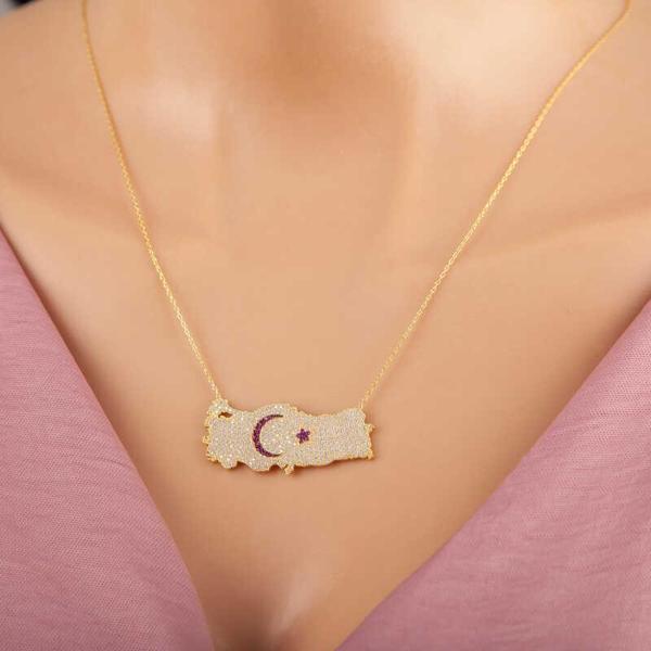 925 Ayar Gümüş Gold Ay Yıldız Türkiye Haritası Kadın Kolye - Image 1