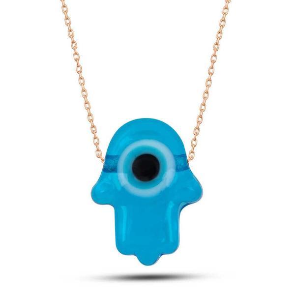 Gümüş Rose Mavi Nazarlı Cam Fatma Ana Eli Kadın Kolye - Image 1