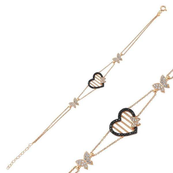 925 Ayar Gümüş Rose Kalpli Kelebek Bileklik - Image 1