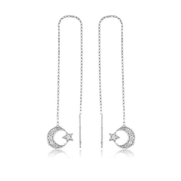 925 Ayar Gümüş Zincirli Ay Yıldız Küpe - Image 1