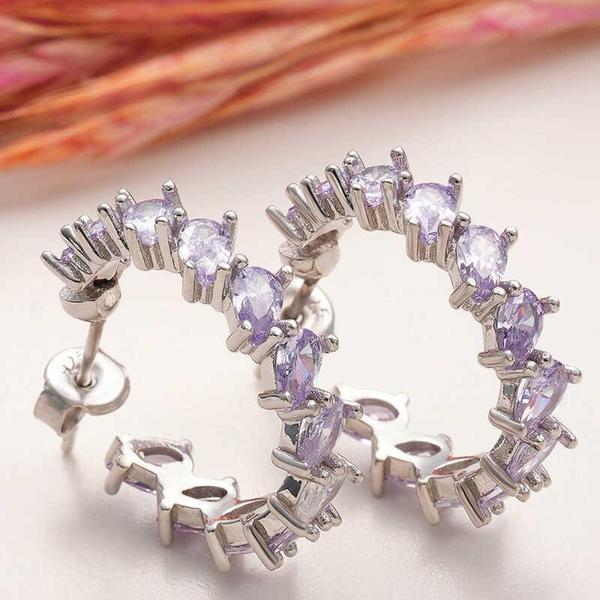 Gümüş Lila Taşlı Damla Çivili Kadın Küpe - Image 1