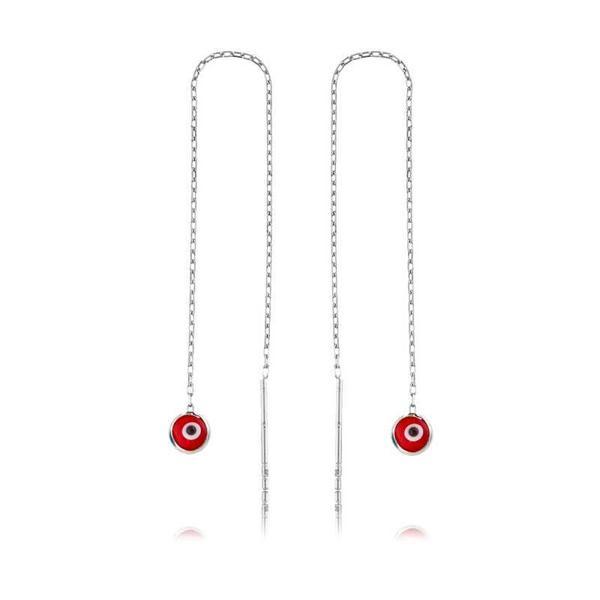 925 Ayar Gümüş Zincirli Kırmızı Nazar Küpe - Image 1