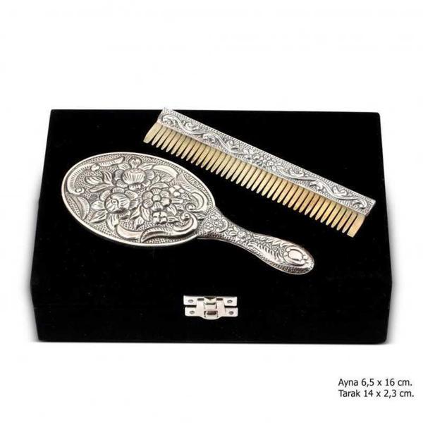 Manolya Motifli Ayna Tarak Gümüş Set - Image 1