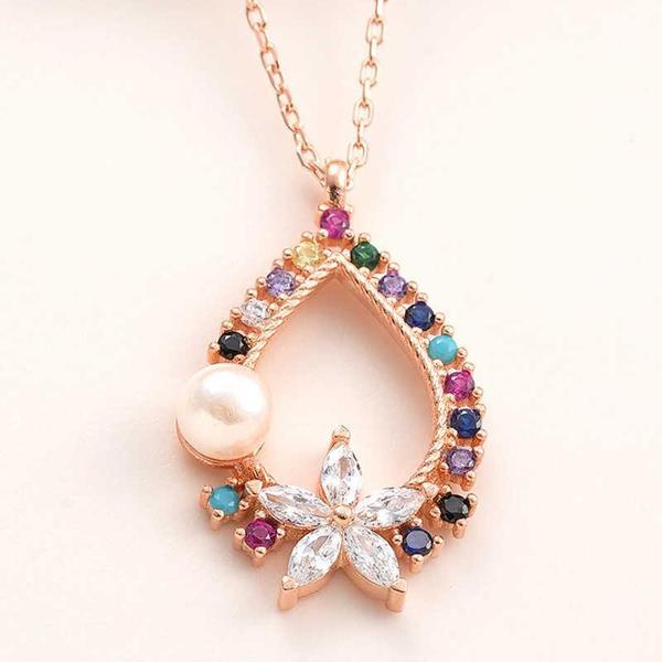 925 Ayar Gümüş Rose Renkli Taşlı Çiçekli Kadın Kolye - Image 1