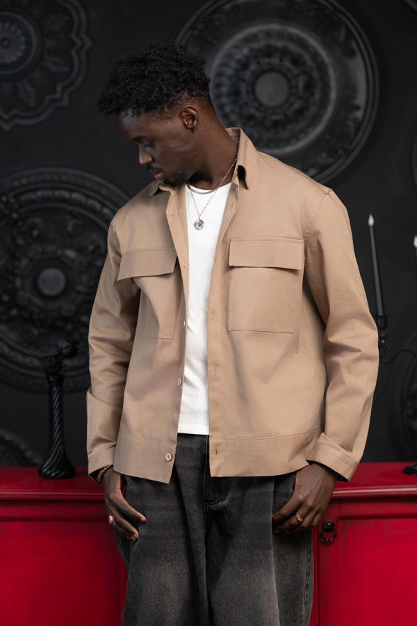 Oversize Çift Kapak Cepli İnce Kanvas Kumaş Astarsız Gömlek - Image 1