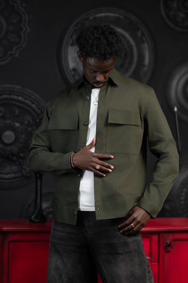 Oversize Çift Kapak Cepli İnce Kanvas Kumaş Astarsız Gömlek - Image 1