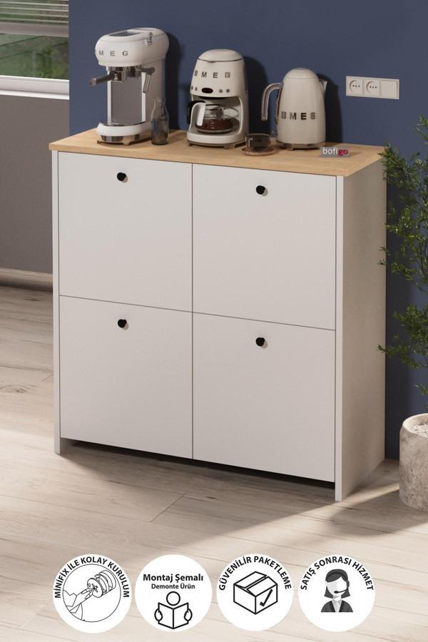 4 Kapaklı Dolap 4 Bölmeli Çok Amaçlı Dolap Mutfak Dolabı Banyo Dolabı Kiler Tetra Safir Meşe Beyaz - Image 1