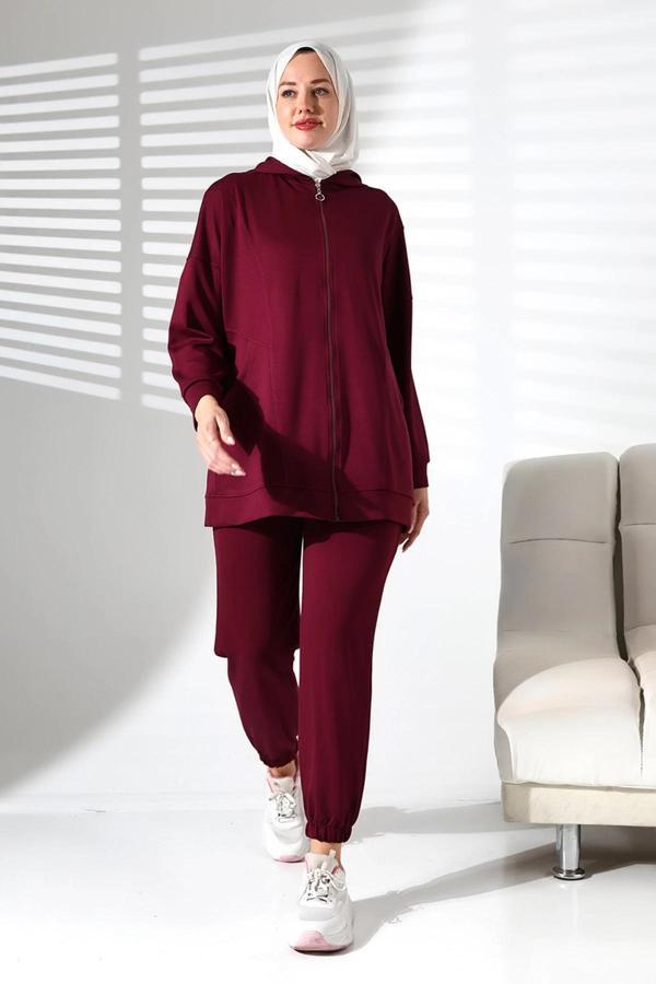 Kadın Mevsimlik Alt ve Üst Rahat Mürdüm Spor Tesettür Takım - Image 1