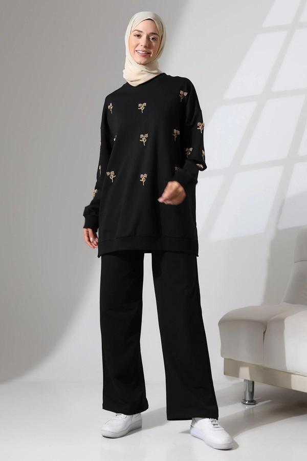 Kadın Siyah Mevsimlik Penye Alt Üst Spor ve Rahat Tesettür Takım - Image 1