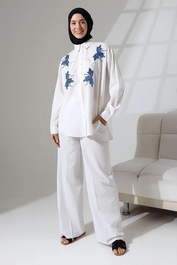 100% Pamuk Keten Günlük ve Rahat Çiçek Desen Nakışlı Pullu Gömlek Pantolon Yazlık Alt Üst  Takım - Image 1