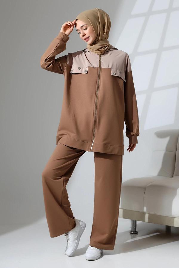 Kadın Kahverengi Mevsimlik Penye Alt Üst Spor ve Rahat Tesettür Takım - Image 1