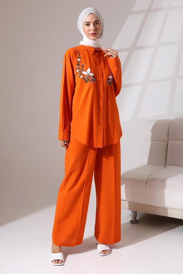 100% Pamuk Keten Günlük ve Rahat Çiçek Desen Nakışlı Taşlı Gömlek Pantolon Yazlık Alt Üst Takım - Image 1