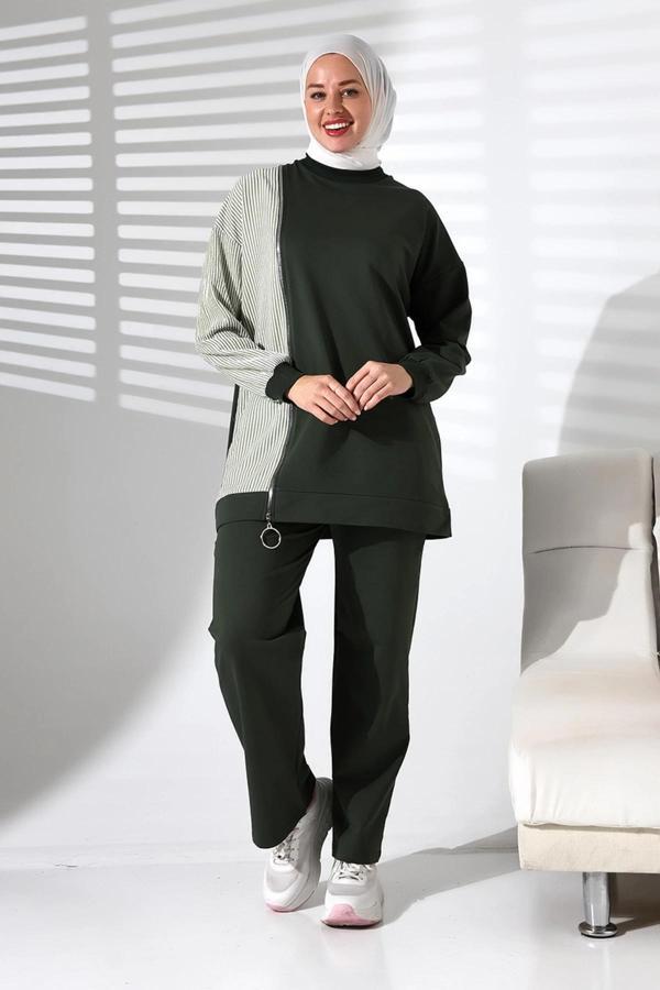 Kadın Mevsimlik Alt Üst Rahat Haki Spor Ikili Tunik Pantolon Şık Tesettür Takım - Image 1