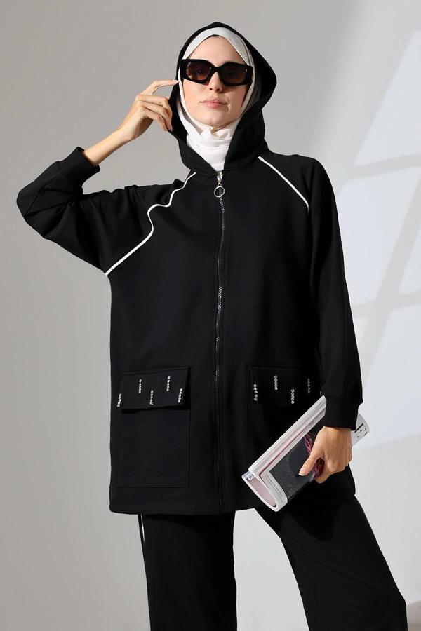 Kadın Siyah Mevsimlik Penye Alt Üst Spor Ve Rahat Ikili Tunik Pantolon Şık Tesettür Takım - Image 1