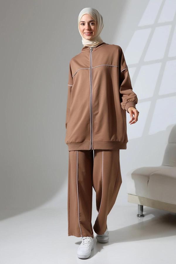 Kadın Kahverengi Mevsimlik Penye Alt Üst Spor Ve Rahat Ikili Tunik Pantolon Şık Tesettür Takım - Image 1