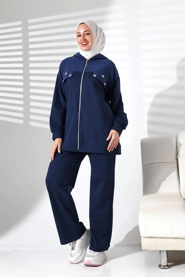 Kadın Mevsimlik Alt ve Üst Rahat Lacivert Spor Tesettür Takım - Image 1