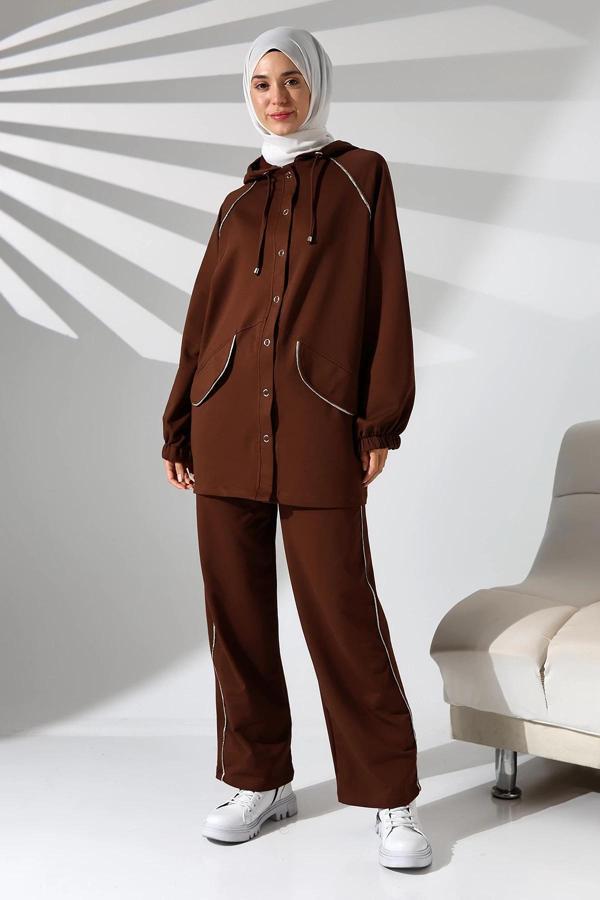 Kadın Mevsimlik Penye Alt Üst Spor Ve Rahat Kahverengi Ikili Tunik Pantolon Şık Tesettür Takım - Image 1