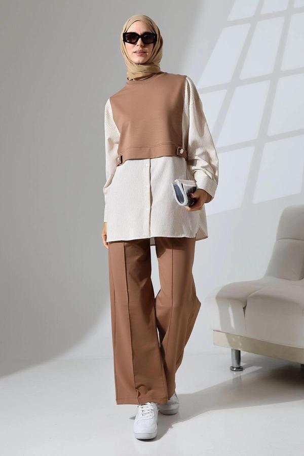 Kadın Kahverengi Mevsimlik Penye Alt Üst Spor Ve Rahat Ikili Tunik Pantolon Şık Tesettür Takım - Image 1