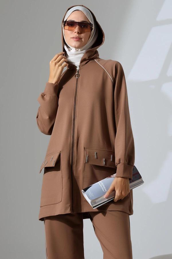 Kadın Kahverengi Mevsimlik Penye Alt Üst Spor Ve Rahat Ikili Tunik Pantolon Şık Tesettür Takım - Image 1