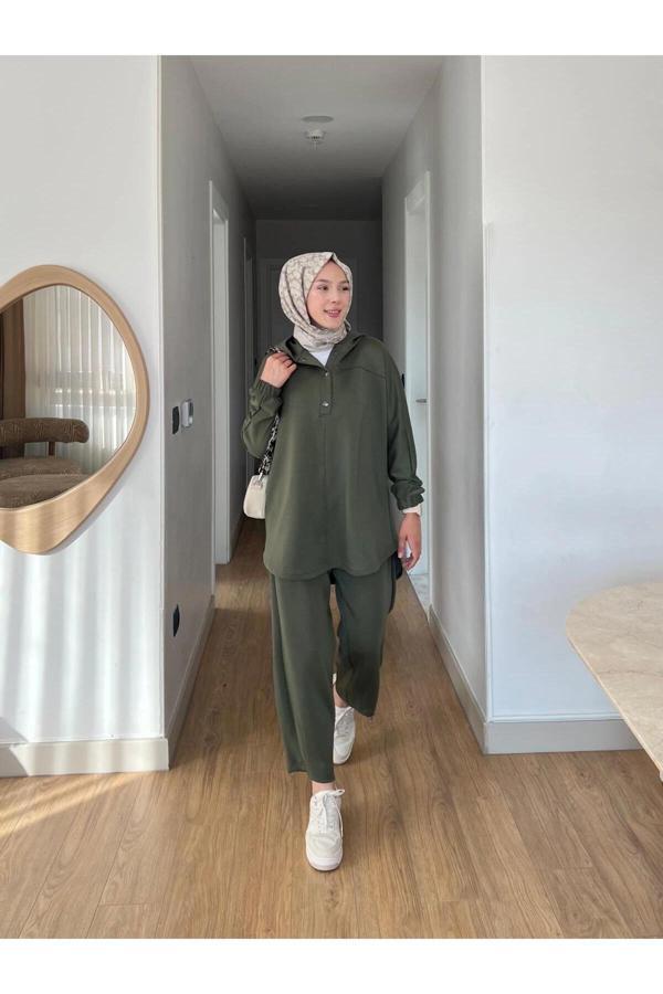 Lena Modal Kumaş Çıt Çıt Detaylı Kadın Tesettür İkili Takım - Image 1