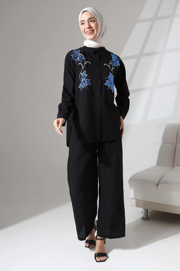 100% Pamuk Keten Günlük ve Rahat Çiçek Desen Nakışlı Pullu Gömlek Pantolon Yazlık Alt Üst  Takım - Image 1