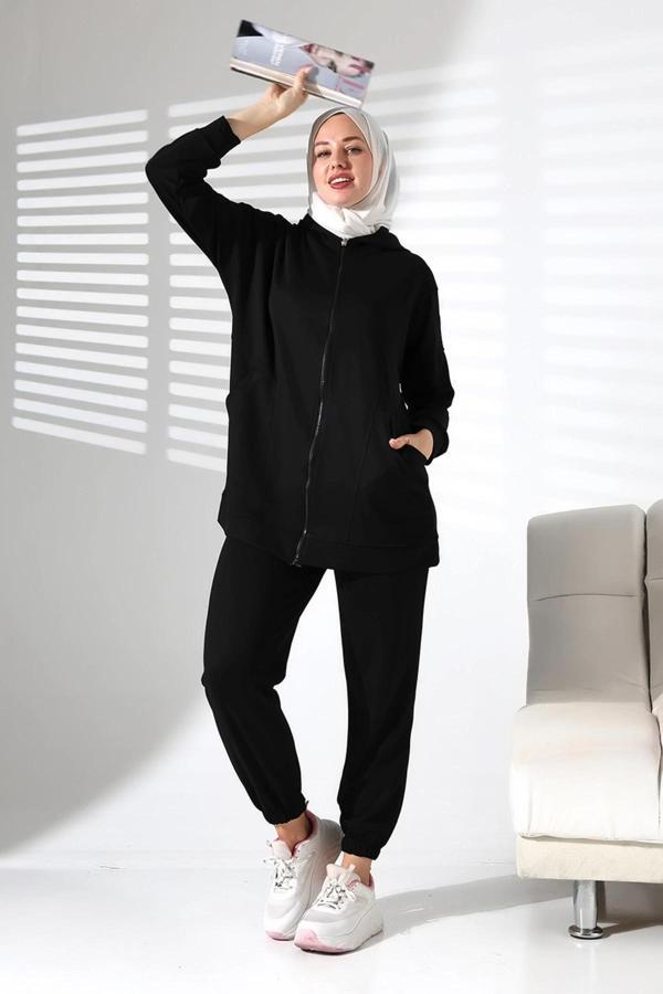 Kadın Mevsimlik Alt Üst Rahat Siyah Spor Ikili Tunik Pantolon Şık Tesettür Takım - Image 1