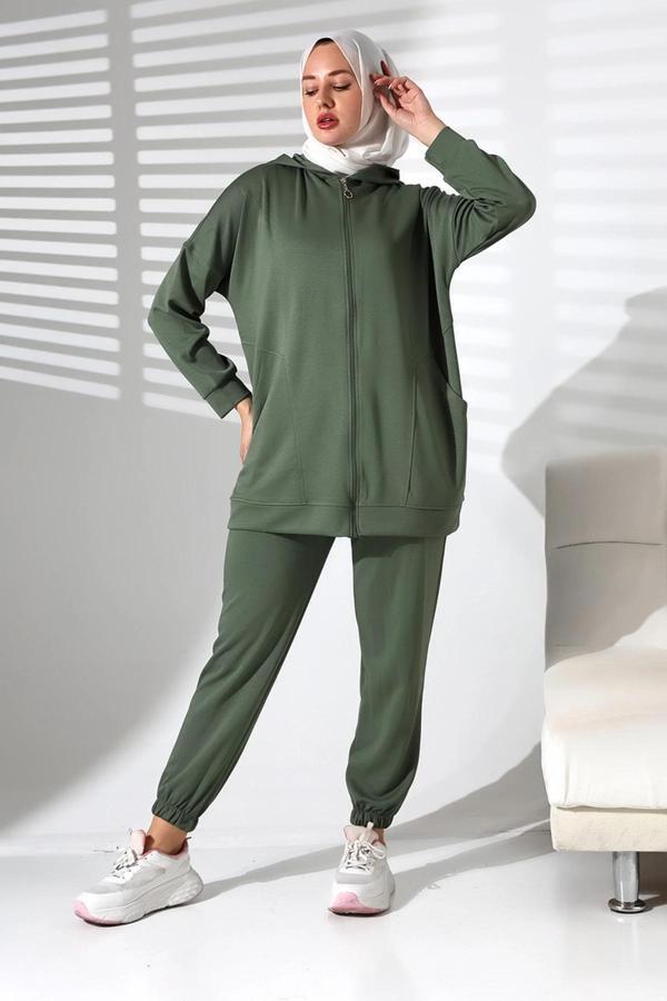 Kadın Mevsimlik Alt Üst Rahat Haki Spor Ikili Tunik Pantolon Şık Tesettür Takım - Image 1