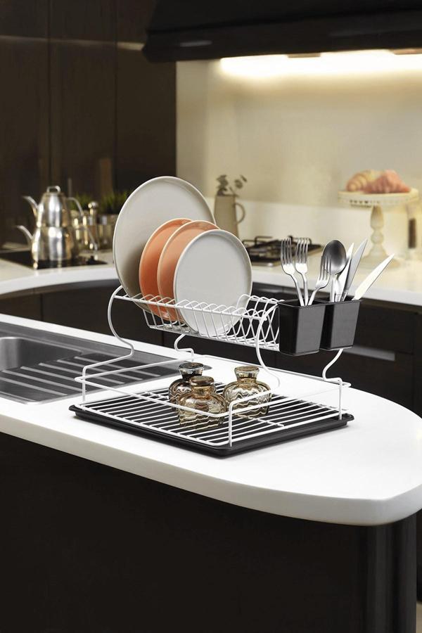 2 Katlı Beyaz Bulaşıklık – Dayanıklı Paslanmaz Termoplastik Kaplama Bulaşık Sepeti, Tepsili, Tabak - Image 1