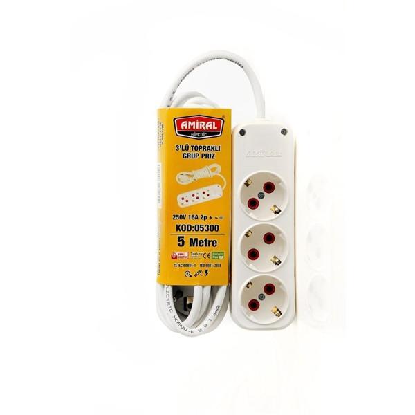 Amiral 3' lü Topraklı 5 Metre Kablolu Grup Priz - Image 1