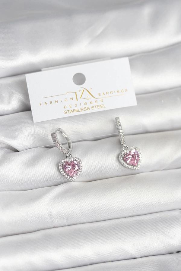 Pirinç Gümüş Pembe Renk Zirkon Taşlı Kalp Model Kadın Küpe - Image 1